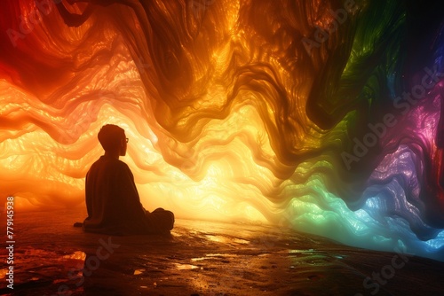 A person sits peacefully on the ground in front of a vibrant, multicolored wall, surrounded by a beautiful array of hues and shades