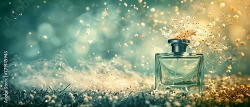   A perfume bottle atop verdant grass, dotted with numerous dewdrops