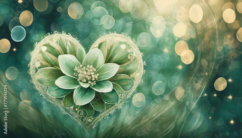 illustration d'une fleur dans un coeur de couleur verte en style aquarelle sur un fond vert avec des ronds en effet bokeh photo