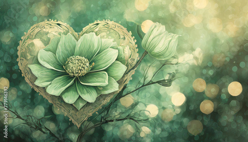 illustration d'une fleur dans un coeur de couleur verte en style aquarelle sur un fond vert avec des ronds en effet bokeh photo
