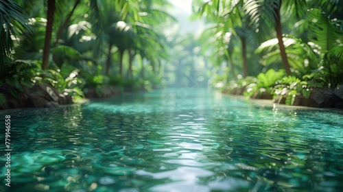   A river winds through a jungle  flanked by abundant palm trees on each bank A tiny island nestles in the river s center