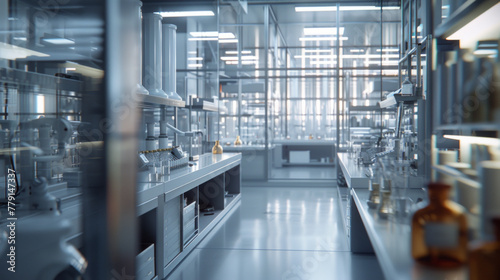 A state-of-the-art pharmaceutical research and development laboratory, equipped with advanced equipment and analytical instruments, currently unoccupied but poised for groundbreaking discoveries