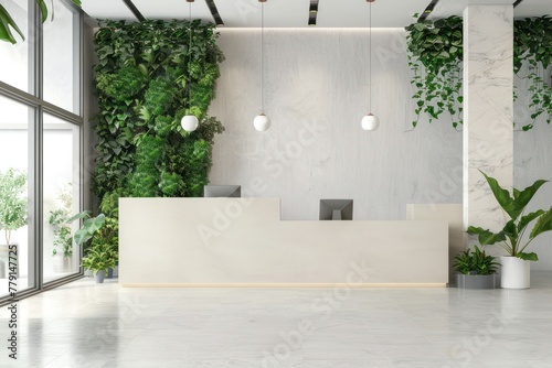 Modern Reception Design With Green Plants	and Big Windows