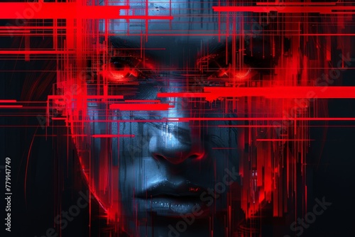 A womans face is framed by intricate red and black lines in the background, creating a striking contrast and sense of mystery