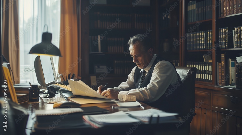 a man sitting at a desk with papers and a laptop computer in front of him a man sitting at a desk with papers and a laptop computer in front of him