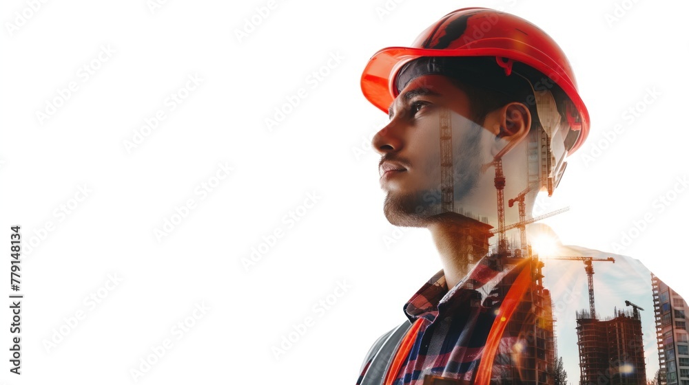 Obraz premium Double exposure of a Hispanic man in red hard hat stands with hands on hips