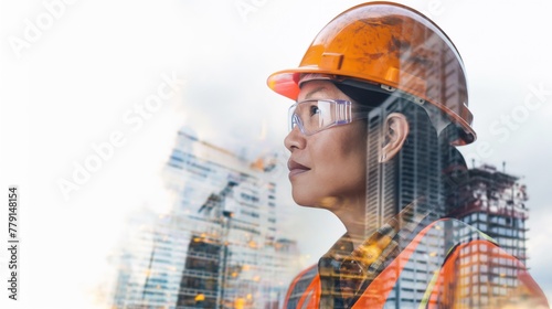 Double exposure of an Asian woman in safety gear with a hard hat and glasses © Ananncee Media