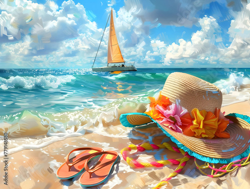 Bright hat and sandals on sunny beach with sailboats - Ai Generated