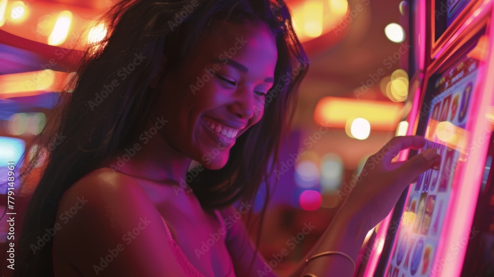 A Woman Playing Slot Machine A Woman Playing Slot Machine