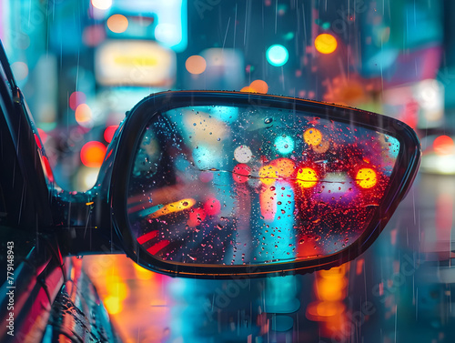 City streets viewed through rainy car mirror - Ai Generated