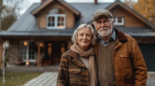 a man and a woman standing in front of a house