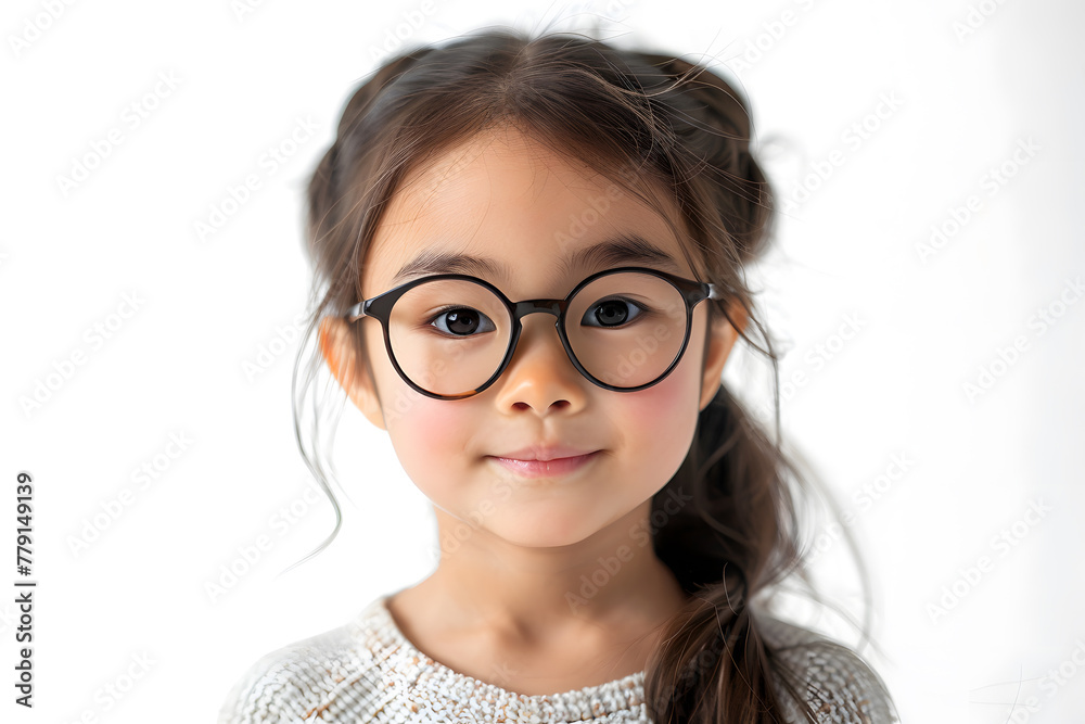 Fototapeta premium Closeup portrait of beautiful asian kid girl wearing eyeglasses, isolated on a white background