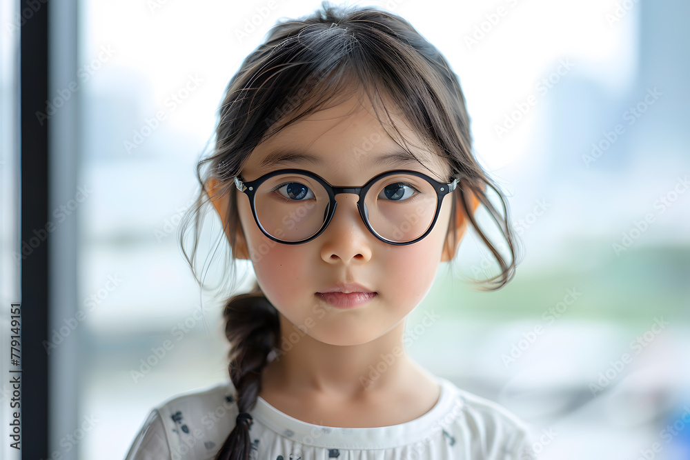 Closeup portrait of beautiful asian kid girl wearing eyeglasses, isolated on a white background Closeup portrait of beautiful asian kid girl wearing eyeglasses, isolated on a white background