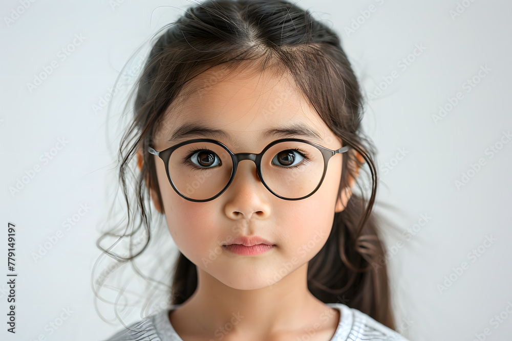 Closeup portrait of beautiful asian kid girl wearing eyeglasses, isolated on a white background Closeup portrait of beautiful asian kid girl wearing eyeglasses, isolated on a white background