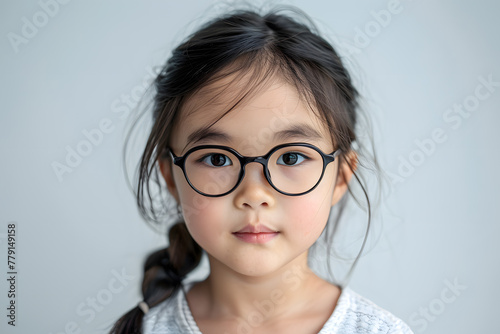 Closeup portrait of beautiful asian kid girl wearing eyeglasses, isolated on a white background