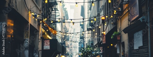 a city street with a string of lights strung over it