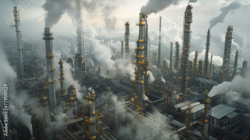 An expansive oil refinery with towering distillation columns, storage tanks, and pipelines, temporarily at rest but ready to process crude oil into various petroleum derivatives photo