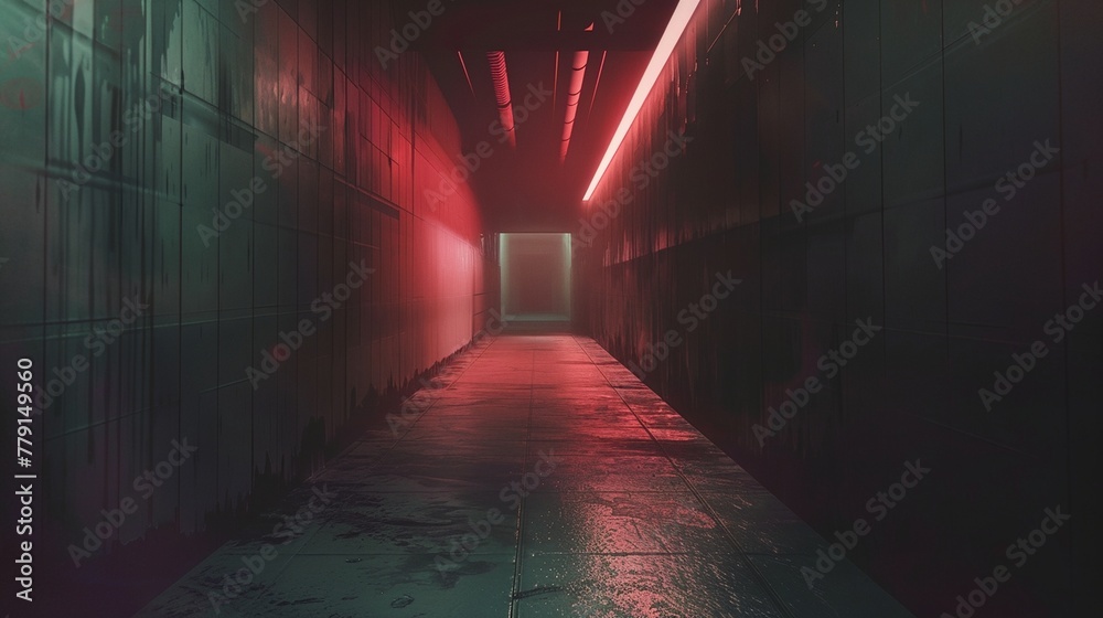 a long hallway with red lights