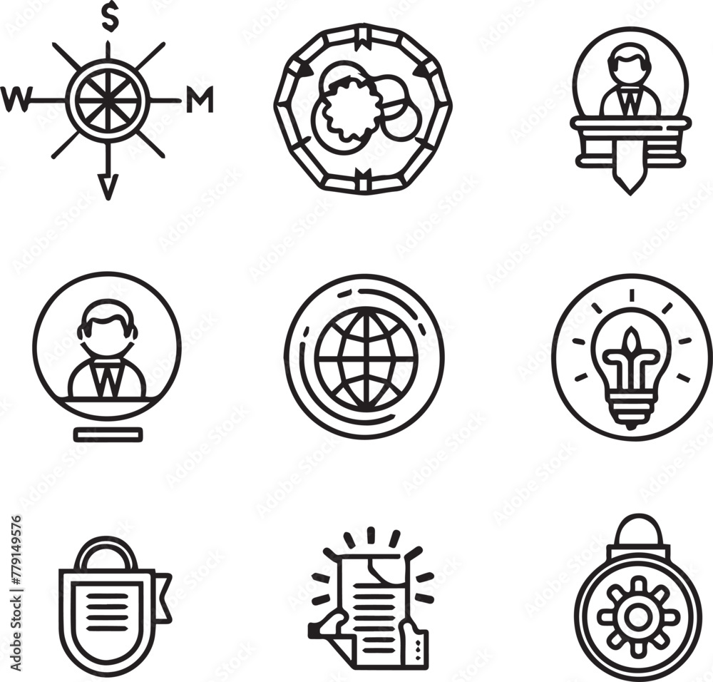 thin line Core values concept. Integrity, mission, vision, trust, purpose, leadership black icon on white background thin line Core values concept. Integrity, mission, vision, trust, purpose, leadership black icon on white background