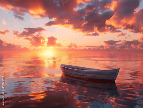 Boat on calm waters at sunset - Ai Generated
