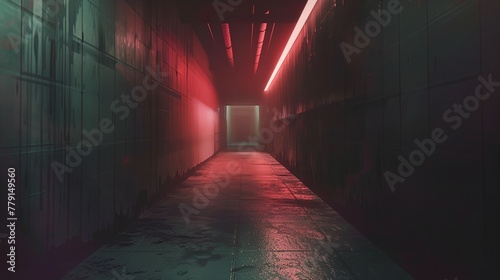 a long hallway with red lights