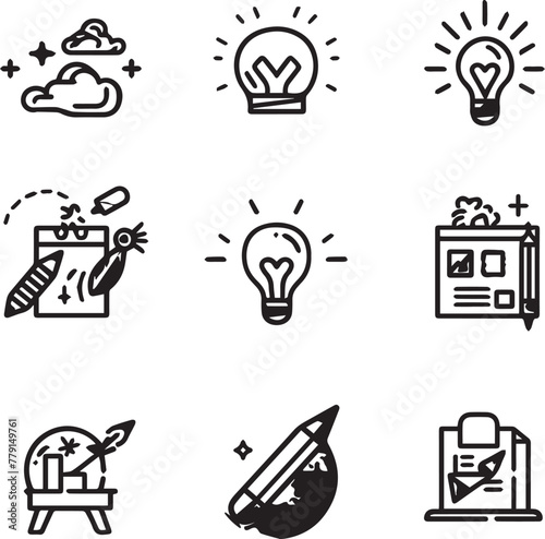 Creative process thin line icons black and white