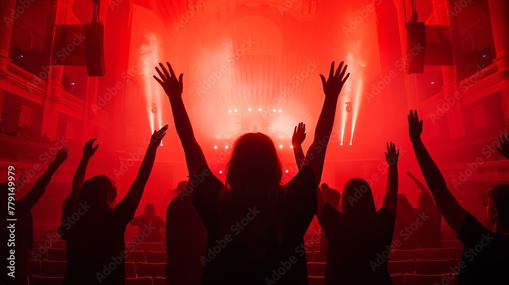 People stand in silhouette with arms raised in a concert hall bathed in red light. People stand in silhouette with arms raised in a concert hall bathed in red light.