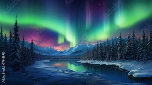A painting of a snowy river in a forest under a sky lit up by the Northern Lights. © ProPhotos