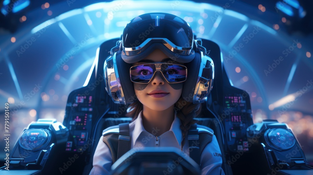 A girl is wearing a helmet and goggles, sitting in a cockpit. She has brown hair and big eyes. The background is blue and there are buttons and dials around the cockpit.