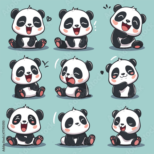 Animated baby pandas on teal, showing emotions. 