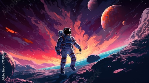 An astronaut walking on a rocky planet against a red-orange sky. The astronaut is wearing a spacesuit. Two planets are visible in the sky: one on the right, the other on the left. photo