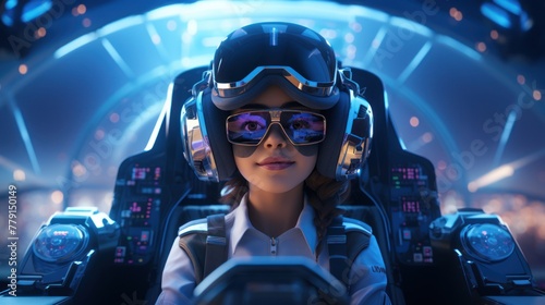 A girl is wearing a helmet and goggles, sitting in a cockpit. She has brown hair and big eyes. The background is blue and there are buttons and dials around the cockpit. © ProPhotos