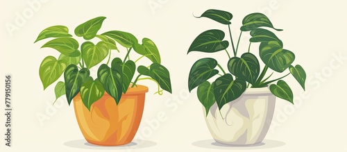 Two houseplants with lush green foliage displayed in flowerpots on a clean white background, adding a touch of nature and freshness to the space photo