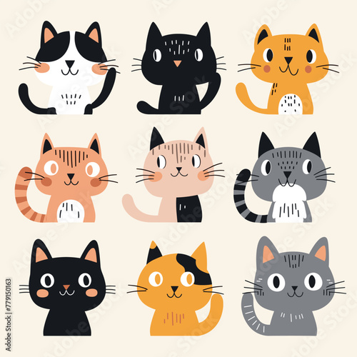 Cute illustrated cats in various colors and patterns.
