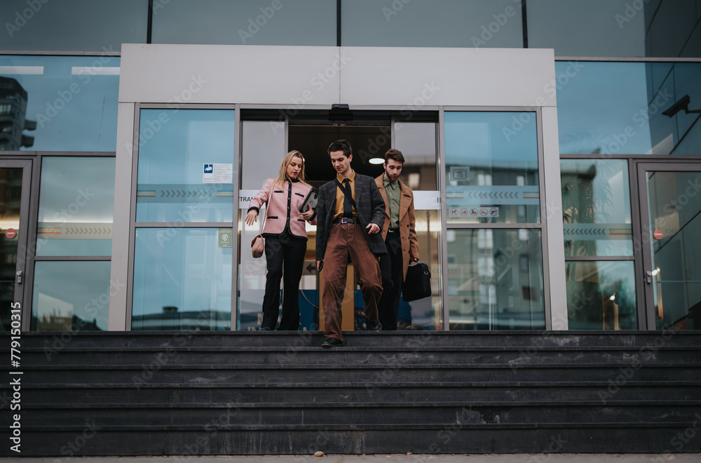 Group of businesspeople exiting a building, engaged in conversation about a new project and strategizing for profitability. Group of businesspeople exiting a building, engaged in conversation about a new project and strategizing for profitability.