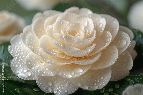 A close-up of a camellia white flower adorned with delicate water droplets, showcasing the beauty of nature in all its intricate details photo