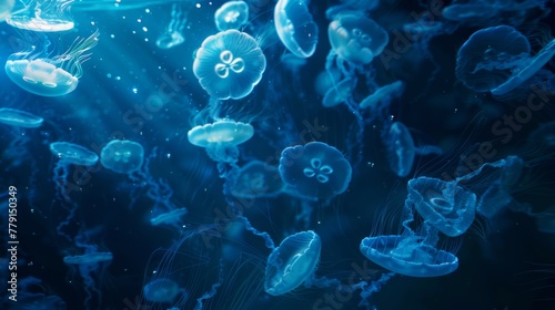 Ethereal ballet of jellyfish in ocean depths, captured in a stunning photorealistic cinematic shot