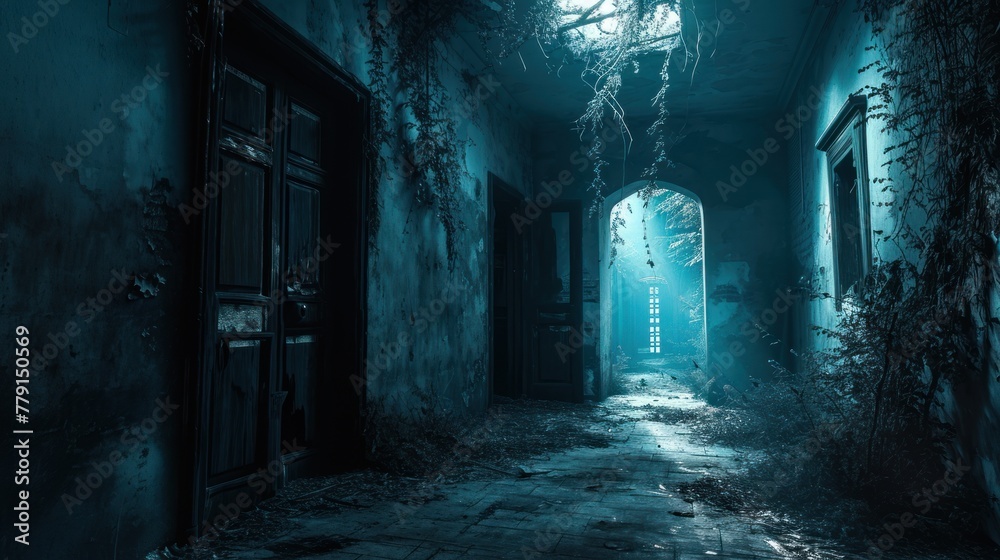 A dimly lit corridor with cobwebs and climbing plants in blue tones. - obrazy, fototapety, plakaty 