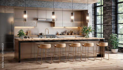Interior of modern kitchen with beige walls, wooden floor, dark wooden countertops and bar with stools. 3d rendering