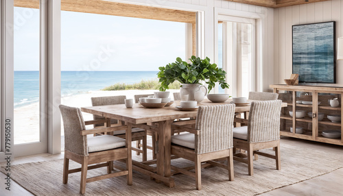 Dining room with table and chairs on the beach. 3d rendering