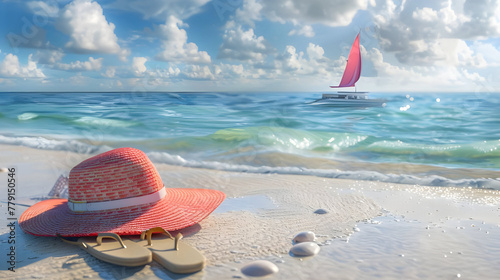 Bright hat and sandals on sunny beach with sailboats - Ai Generated