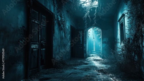 A dimly lit corridor with cobwebs and climbing plants in blue tones. photo