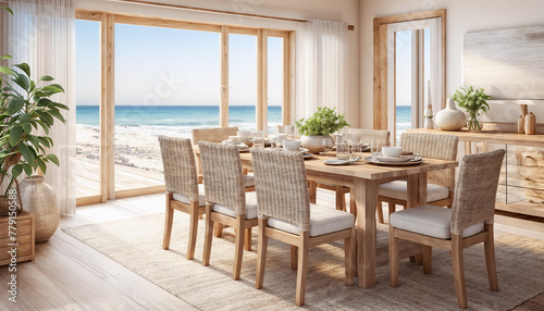 Dining room interior with beach view. 3d rendering mock up