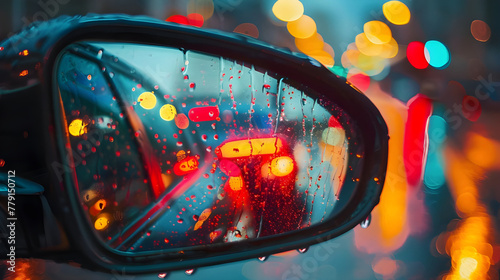 City streets viewed through rainy car mirror - Ai Generated