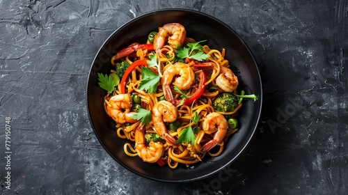 Savor the delectable stir fry noodles, brimming with fresh vegetables and succulent shrimps. Presented in a sleek black bowl against a slate backdrop, this dish is a visual delight.