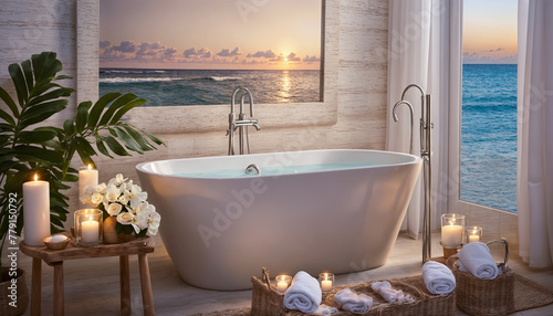 Bathtub on the background of the sea and the sunset.
