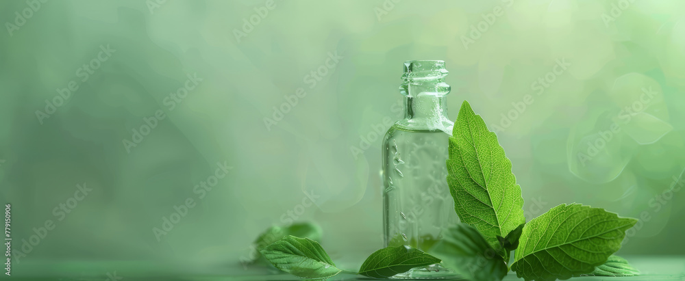 Green leaves and glass bottle on light green backdrop. Concept of natural purity, hydration, eco-friendly living, environmental beauty. Banner. Copy space Green leaves and glass bottle on light green backdrop. Concept of natural purity, hydration, eco-friendly living, environmental beauty. Banner. Copy space