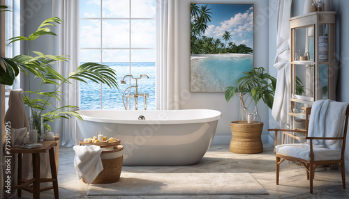 Bathroom interior with bathtub and sea view. 3D Rendering photo