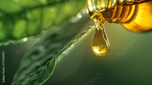 Golden essential oil droplet falling from glass bottle. Herbal essence. Concept of organic products, essential oils, homeopathy aromatherapy, alternative medicine. Natural green background. Copy space