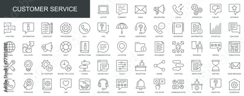 Customer service web icons set in thin line design. Pack of feedback, online help, technical support, call, chatting, processing, solution, faq, other outline stroke pictograms. Vector illustration. © alexdndz